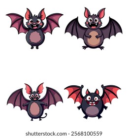 Cute cartoon bats flying, adorable Halloween-themed illustration, perfect for spooky designs, Halloween decorations, or children�s books