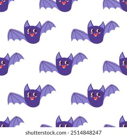 Cute cartoon bats. Halloween seamless pattern with bats. Vector illustration of bat in flat style. Isolated on white background.