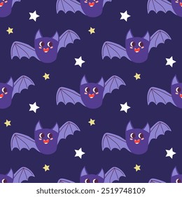 Cute cartoon bats and stars. Halloween seamless pattern with bats on starry sky. Vector illustration of bat in flat style on dark blue background.