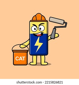 Cute cartoon Battery as a builder character painting in flat modern style design illustration