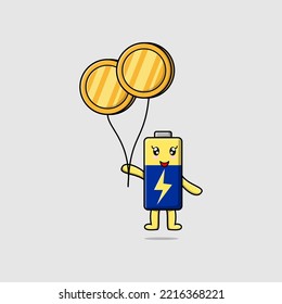 Cute cartoon Battery businessman floating with gold coin balloon cartoon vector illustration