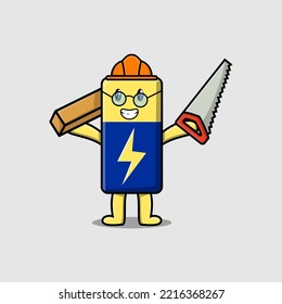 Cute cartoon Battery as carpenter character with saw and wood in flat modern style design