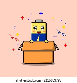 Cute cartoon Battery character coming out from box in flat style cartoon vector icon illustration