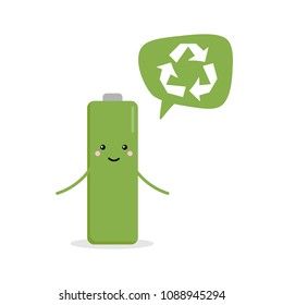 Cute cartoon battery character giving advice to recycle used batteries.