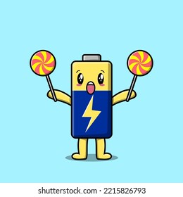 Cute cartoon Battery character holding lollipop candy in flat cartoon illustration