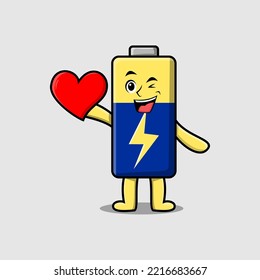 Cute cartoon Battery character holding big red heart in modern style design illustration