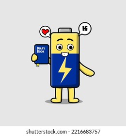Cute cartoon Battery character holding diary book illustration with happy expression