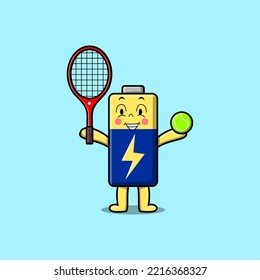 Cute cartoon Battery character playing tennis field in flat cartoon style illustration
