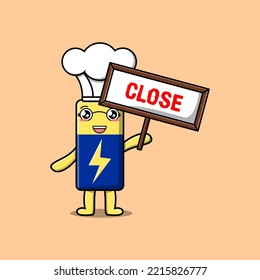 Cute cartoon Battery chef character holding close sign board designs in flat cartoon style