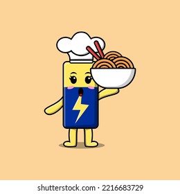 Cute cartoon Battery chef character holding noodles in bowl flat cartoon style illustration