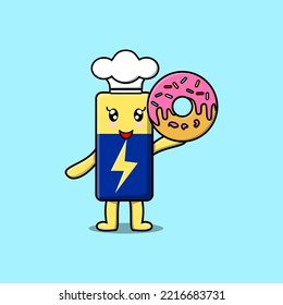 Cute cartoon Battery chef character donuts in flat cartoon style illustration