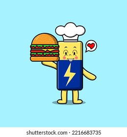 Cute cartoon Battery chef character holding burger in flat cartoon style illustration