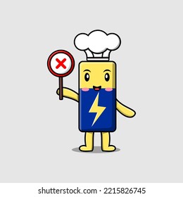 cute cartoon Battery chef holding wrong sign board in vector character illustration