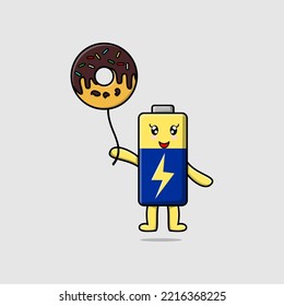Cute cartoon Battery floating with donuts balloon cartoon vector illustration