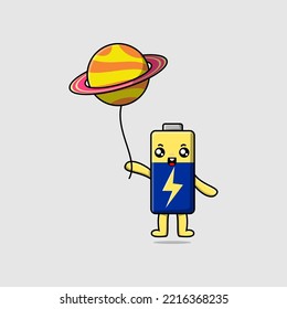Cute cartoon Battery floating with planet balloon cartoon vector illustration