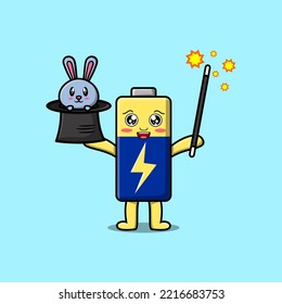 cute cartoon Battery magician character with bunny character coming out from magic hat