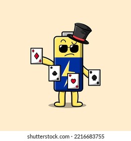 Cute cartoon Battery magician character playing magic cards in flat cartoon style illustration