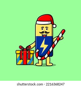 cute cartoon Battery santa clause character is bringing candy cane and boxes christmas