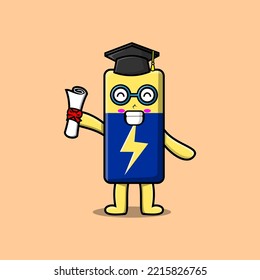 Cute cartoon Battery student character on graduation day with toga in concept flat cartoon style