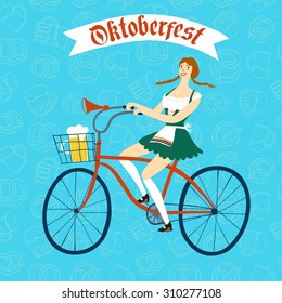 Cute cartoon Bavarian girl with beer in bicycle basket with decorative pattern on background. Oktoberfest illustration for your design.