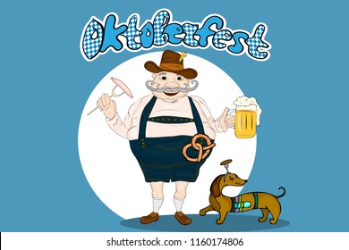 Cute cartoon Bavarian man  with beer, sausage and pretzel. Oktoberfest illustration.