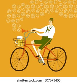 Cute cartoon Bavarian man with beer on bicycle, Oktoberfest illustration for your design.