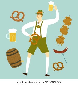 Cute cartoon Bavarian man with beer and isolated barrel, chicken grill, sausage, pretzel. Oktoberfest illustrations for your design.