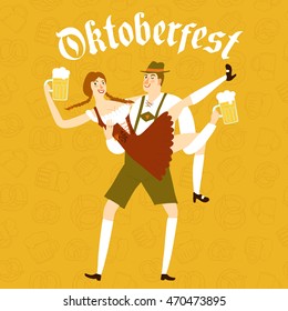 Cute cartoon Bavarian man in traditional costume holding woman with beer. Oktoberfest illustration on decorative seamless background for your design.