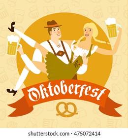 Cute cartoon Bavarian man in traditional costume holding woman with beer.Including label with Oktoberfest title on decorative seamless background.