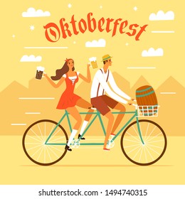 Cute cartoon Bavarian man and woman in a traditional costumes on tandem bicycle riding with beer to celebrate holiday. Oktoberfest title. Festival illustration for your design.