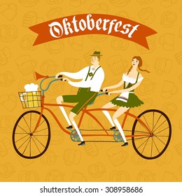 Cute cartoon Bavarian man and woman with beer on tandem bicycle, Oktoberfest illustration for your design.