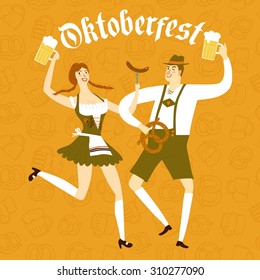 Cute cartoon Bavarian man and woman with beer, sausage and pretzel dancing together. Oktoberfest illustration for your design.