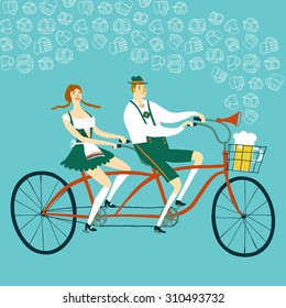 Cute cartoon Bavarian man and woman with beer on tandem bicycle, Oktoberfest illustration for your design.