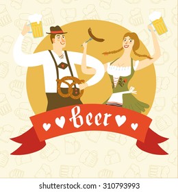 Cute cartoon Bavarian man and woman with beer, sausage and pretzel. Oktoberfest illustration with label for your design.