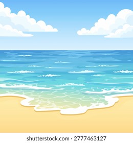 Cute cartoon beach landscape with soft waves, sandy shore, blue sky and white clouds. Vector illustration with bright summer seaside background.