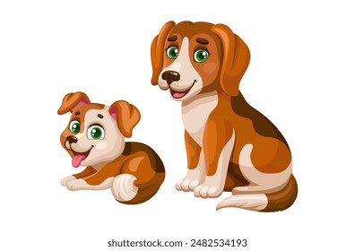 Netter Cartoon Beagle Hund mit Welpe. Vektorgrafik Paar Mama und Baby auf einem weißen Hintergrund.