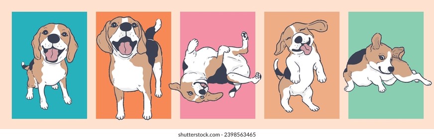 Cute Cartoon Beagle Dog set, Cartoon Dog Character Design with Flat Colors in Various Poses	