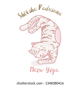 Cute cartoon beagle dog in yoga pose meditation,a cat pose, Marjaryasana, on white background,  It can be used as a poster, postcard and print on shirt. vector illustration.