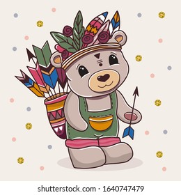 Cute cartoon bear with arows and feather. Hand drawn digital art illustration of animal. Baby bear vector illustration. Nursery artwork.