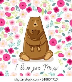 Cute cartoon bear with its baby, Mother's day card