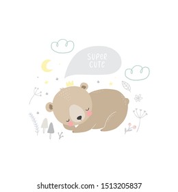 Cute cartoon bear baby sleeping. Windy poster for Baby shower with a cute sleeping bear character. A wonderful print for the decor of a children's bedroom.