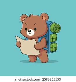 Cute cartoon bear with a backpack reading a map.