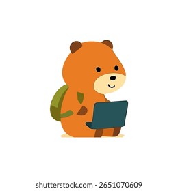 Cute cartoon bear with backpack sitting and using laptop