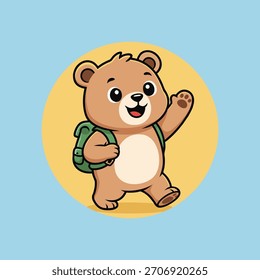 Un oso lindo de la historieta con una mochila saluda, puesto contra un círculo amarillo y un fondo azul.