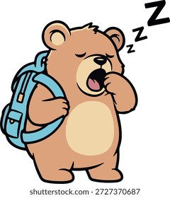 Urso de desenho animado bonito com mochila bocejando e olhando sonolento, isolado no fundo branco.