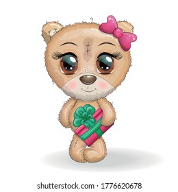 Cute cartoon bear with big eyes and a Christmas gift in her paws on a white background for your designs