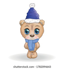 Cute cartoon bear with big eyes in a scarf and hat. Merry Christmas and Happy New Year.