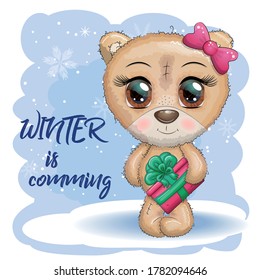 Cute cartoon bear with big eyes and a Christmas present in the paws on a winter background and the inscription Winter is coming