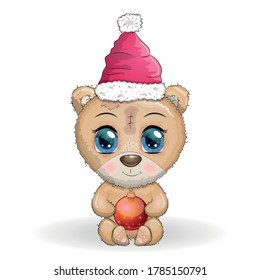 Cute cartoon bear with big eyes in a Christmas hat with a Christmas ball, Merry Christmas and New Year
