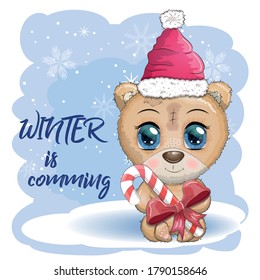 Cute cartoon bear with big eyes in a Christmas hat with a caramel cane, inscription Winter is coming, Merry Christmas and New Year